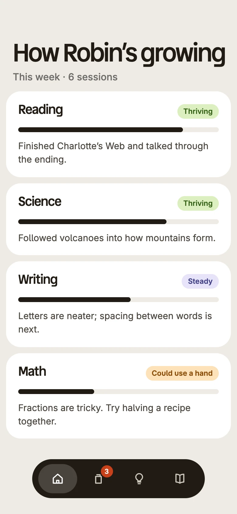 The Kale grown-up app’s How Robin’s growing screen: reading and science are thriving, writing is steady, and math could use a hand, with a note on each.