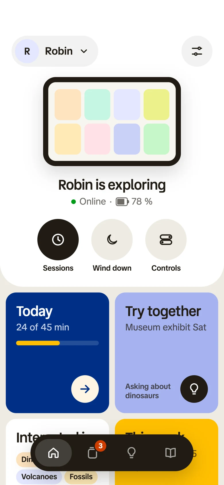 The Kale grown-up app home screen: Robin is exploring, with 24 of 45 minutes used today, a Try together idea for a museum exhibit, and the topics Robin is interested in.