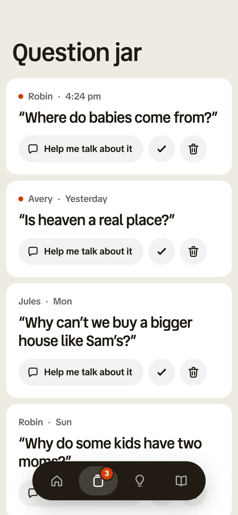 The Kale grown-up app question jar: questions Robin and Avery asked, like “Where do babies come from?”, each with a button to help you talk about it.