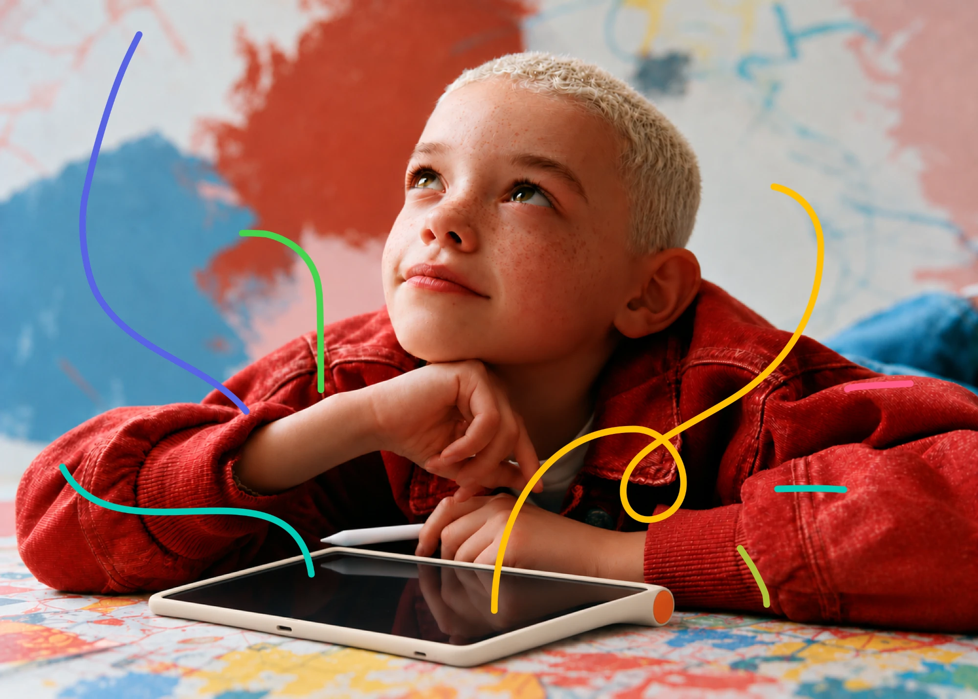 A freckled child in a red jacket rests their chin on their hand and gazes upward, Kale and its pen in front of them, with bright hand-drawn lines curling around them