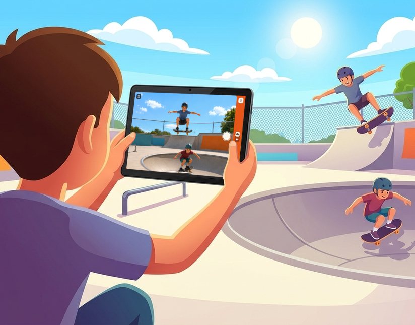 A child photographing skaters at a skate park with the tablet
