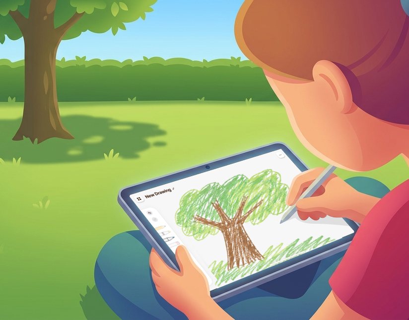 A child drawing a tree on the tablet while sitting in a park