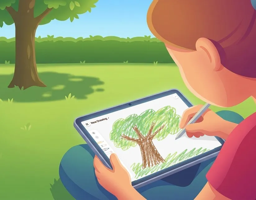 A child drawing a tree on the tablet while sitting in a park