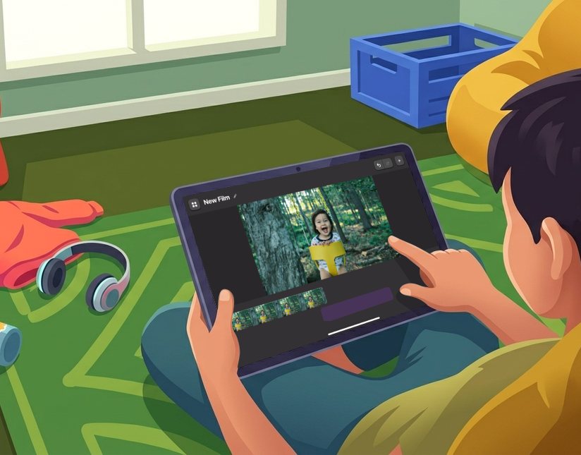 A child filming with the tablet on a bedroom floor