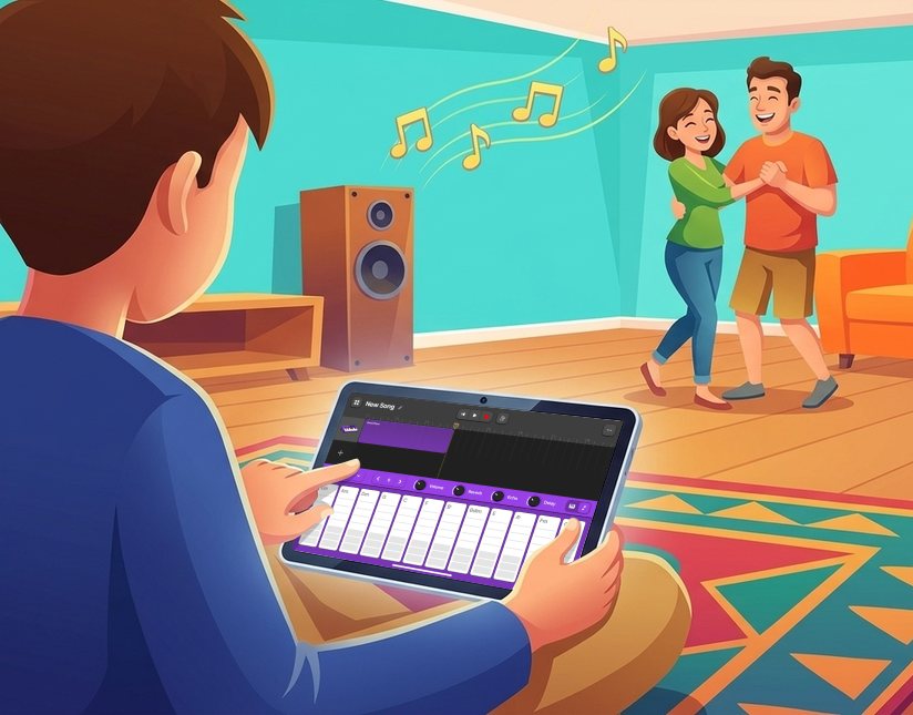 A boy playing a song on the tablet while friends dance