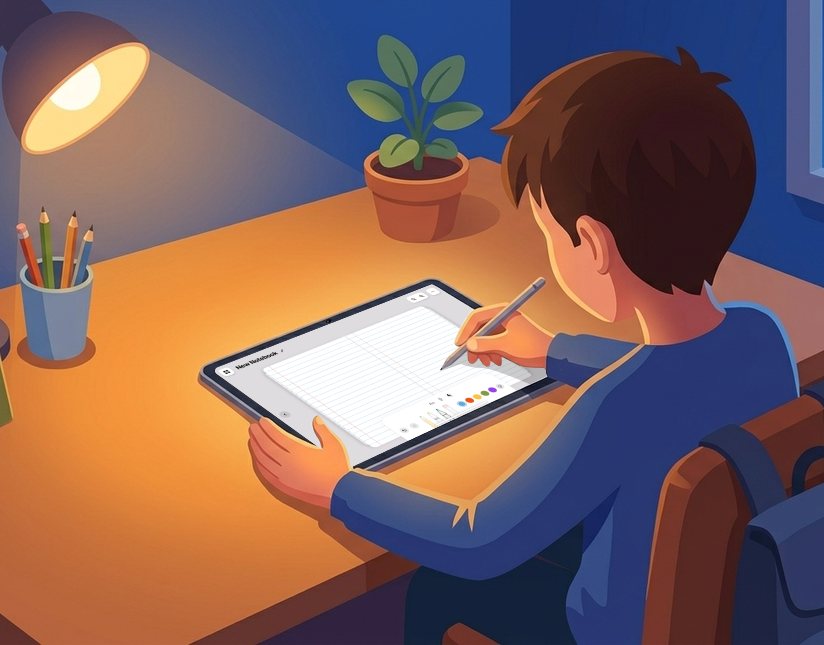 A child writing on the tablet at a desk in the evening