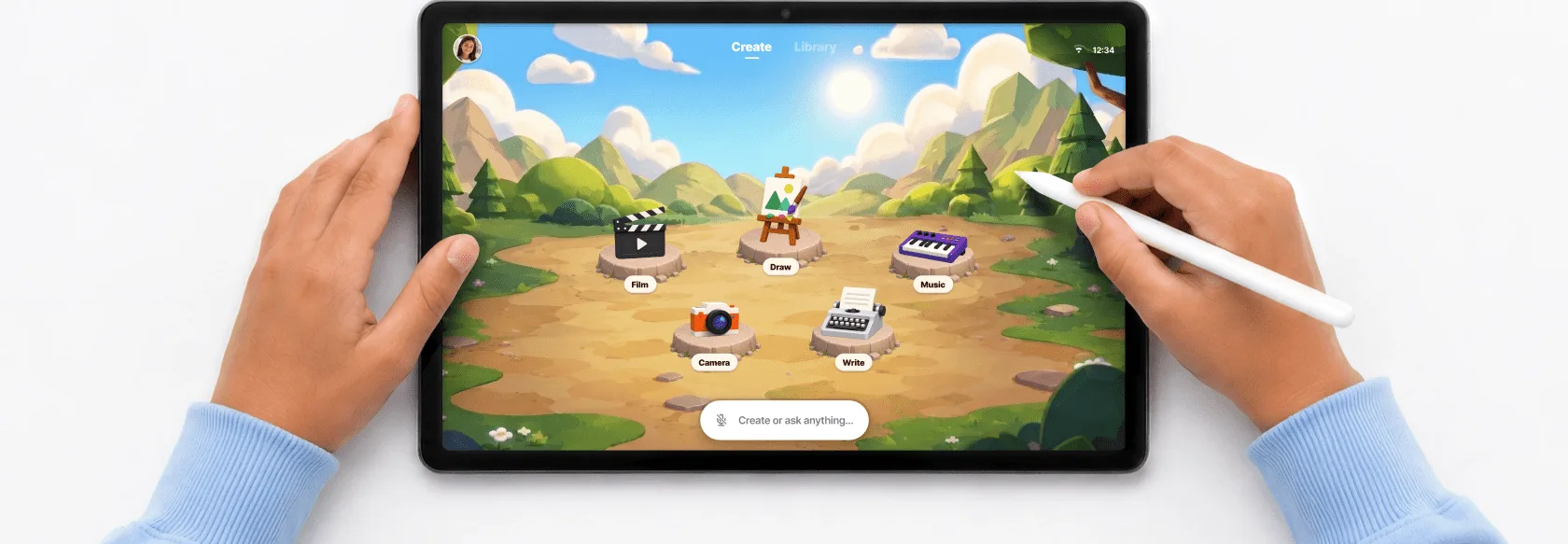 A child's hands holding the Kale tablet, its home screen showing Film, Draw, Music, Camera, and Write