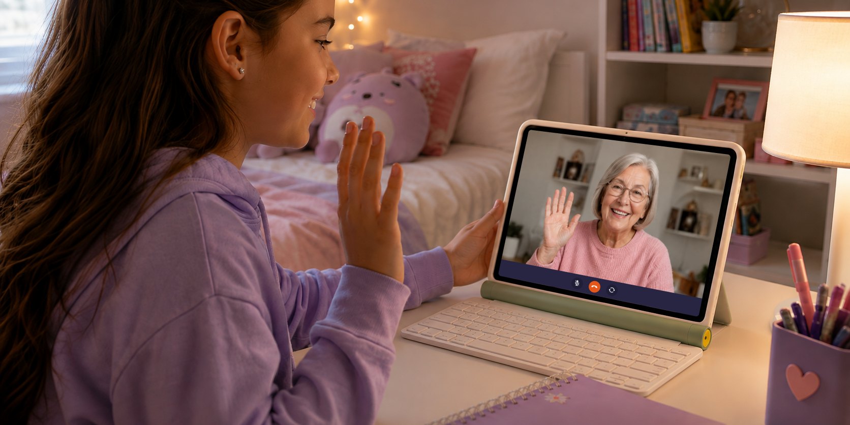 A girl waving to her grandmother on a video call, and her grandmother waving back